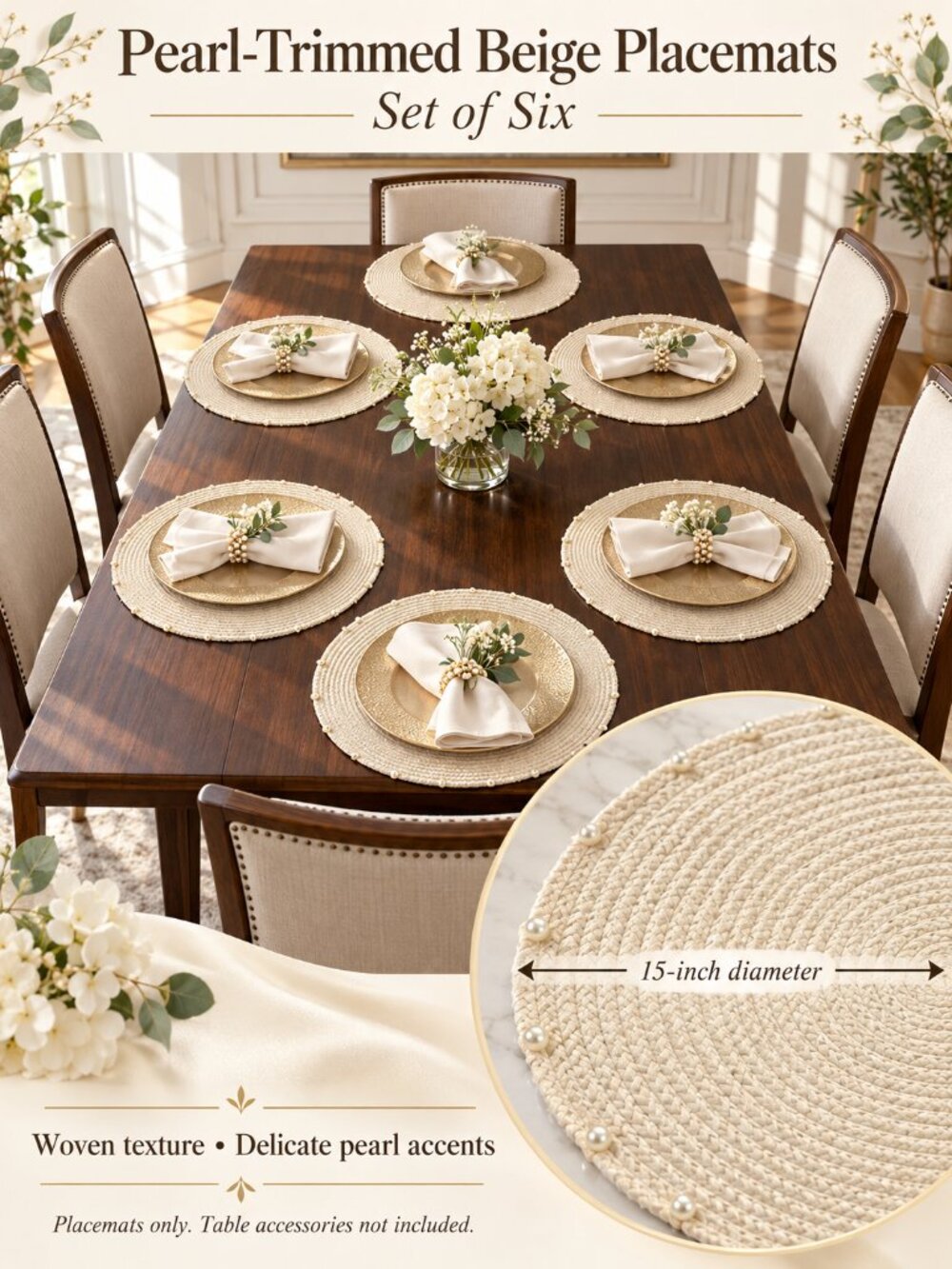 Pearl-Trimmed Beige Placemats — Set of Six